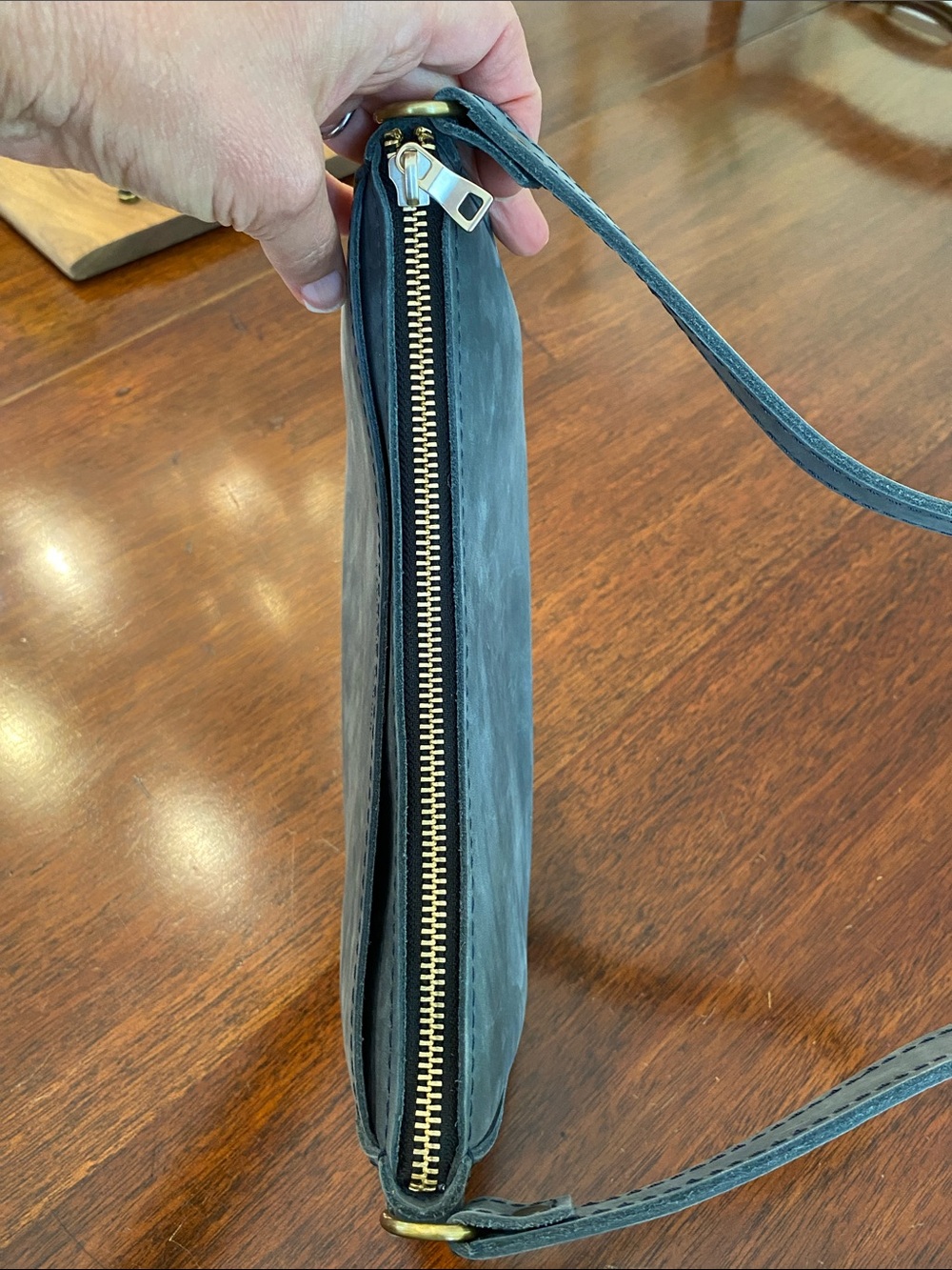 Portland Leather Goods Discontinued Blue Gray Storm Suede Shoulder Bag Purse - Picture 13 of 14